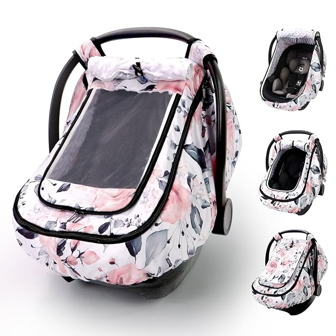 Car Seat Cover Baby Girls, Infant Car Seat Canopy Outdoor, 2 Layers with Mesh and Sun Shade Window for Summer Winter, Easy Ac