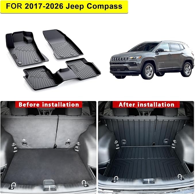TPE Floor Mats & Cargo Liner for Jeep Compass 2017-2026 All Weather Car Floor Liners Fit Jeep Compass 2017-2026 Accessories Black