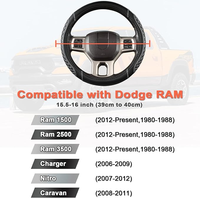 West Llama Customized Auto Car Steering Wheel Cover for Dodge RAM 1500 2500 3500, 15.5-16 inch (Diamond Quilted-Black+Gray-La
