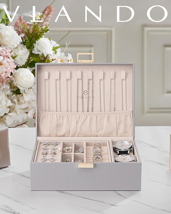 VLANDO 2 Layer Jewelry Box Large Jewelry Organizer for Women Removable Jewelery Tray with Watch Pillow for Necklace Earrings 