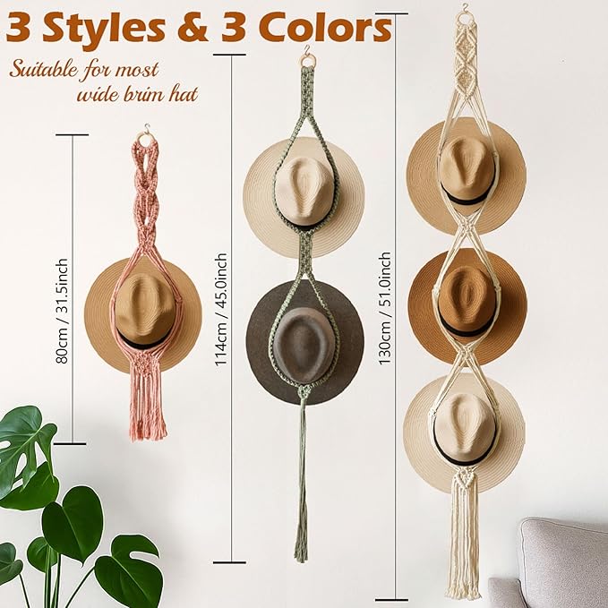 Boho Hat Organizer Rack, Macrame Hat Hanger, Handmade Hat Holder for Wall Hanging, Hat Storage for Wide-Brim Hats, Bohemian H