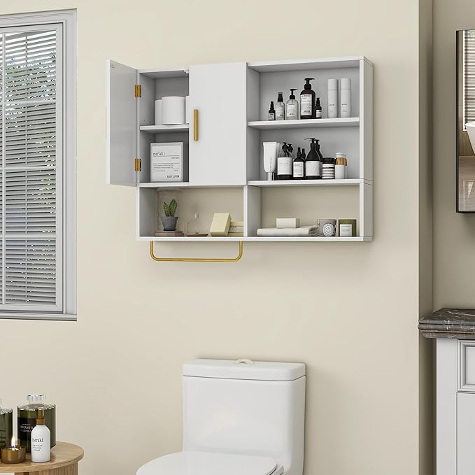 Bathroom Wall Cabinet Wood Large Wall Mounted Medicine Cabinet with 2 Doors and 4 Open Shelves Over Toilet Storage Cabinet Or