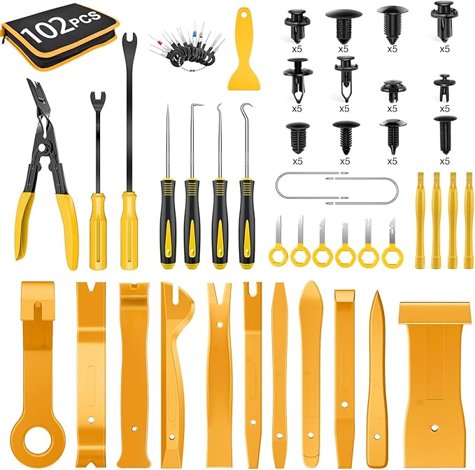 GOOACC 102Pcs Trim Removal Tool, Auto Push Pin Nylon Bumper Retainer Clip Set Fastener Terminal Remover Tool Round Handle Cro