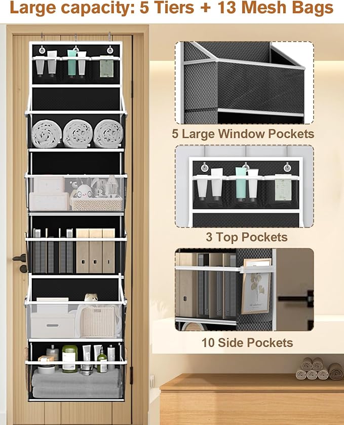 Hanging Yarn Storage Organizer, Large Capacity Knitting Yarn Organizer Storage with 5 Deep Pockets 13 Mesh Bags, Over The Doo