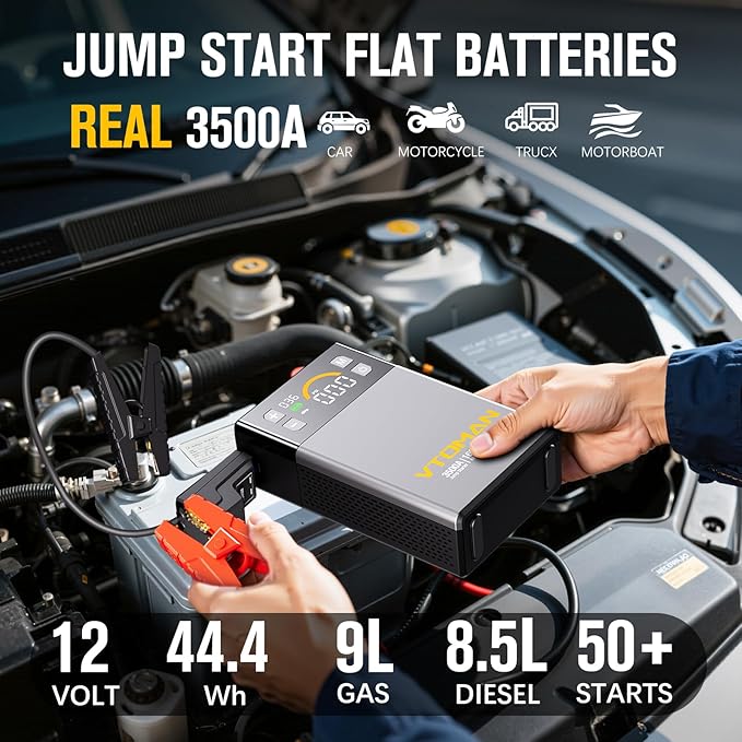 VTOMAN X3 Jump Starter with Air Compressor, 3500A Portable Car Battery Jumper Starter (9L Gas/8.5L Diesel Engines) with