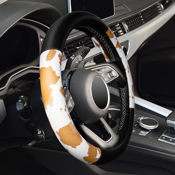 Cow Print Car Steering Wheel Covers, Breathable Microfiber Leather for Women and Men, Universal 15 inch Anti-Slip Steering Wh