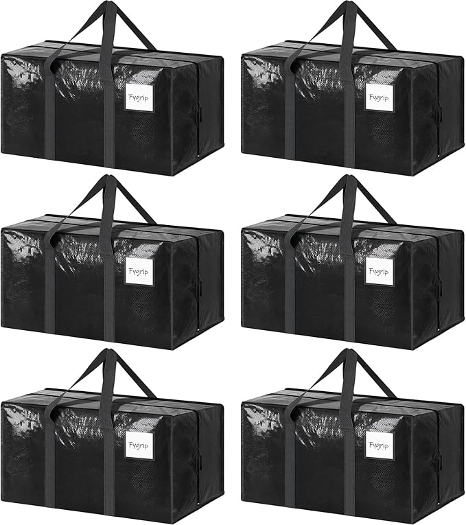 6 Pack Extra Heavy Duty Large Moving Bags with Strong Zipper & Comfortable Handles, Sturdy & Durable Clothes Storage Bags Tot
