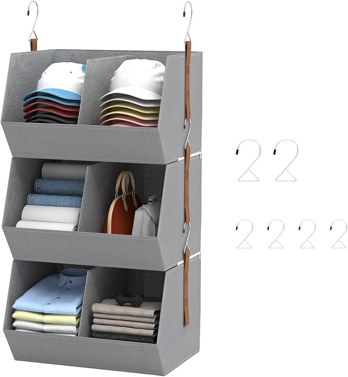 1 Pack,Hanging Closet Organizer 3 Tier,Disassemblable Clothes Hanging Shelves,Space-Saving Closet System, Fabric Storage Bins