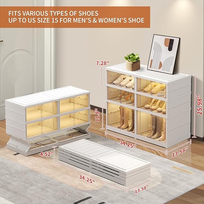 CIMLORD 3-Tier Foldable Shoe Rack Organizer for Closet 12Pairs Plastic Shoe Shelf Collapsible Shoes Storage Box Clear Shoe Bo