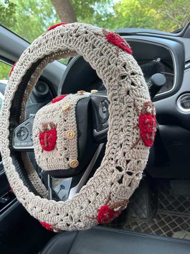 Crochet Ladybug Steering Wheel Cover Universal 14-15 inch (Steering Wheel Cover+2 Belt Cover)
