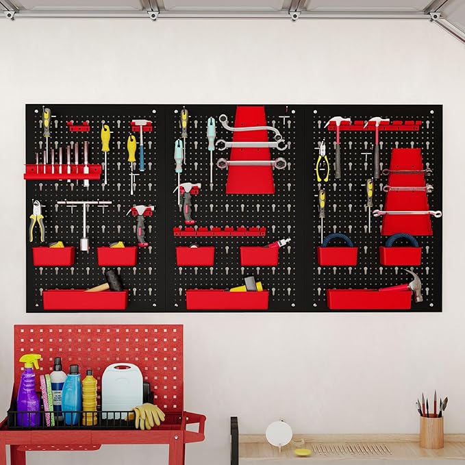 Goplus Pegboard Wall Organizer, 9-Bin Parts Rack Organizer w/Hammer Racks, Tool Holders & Hooks, Heavy-Duty Utility Tool Stor
