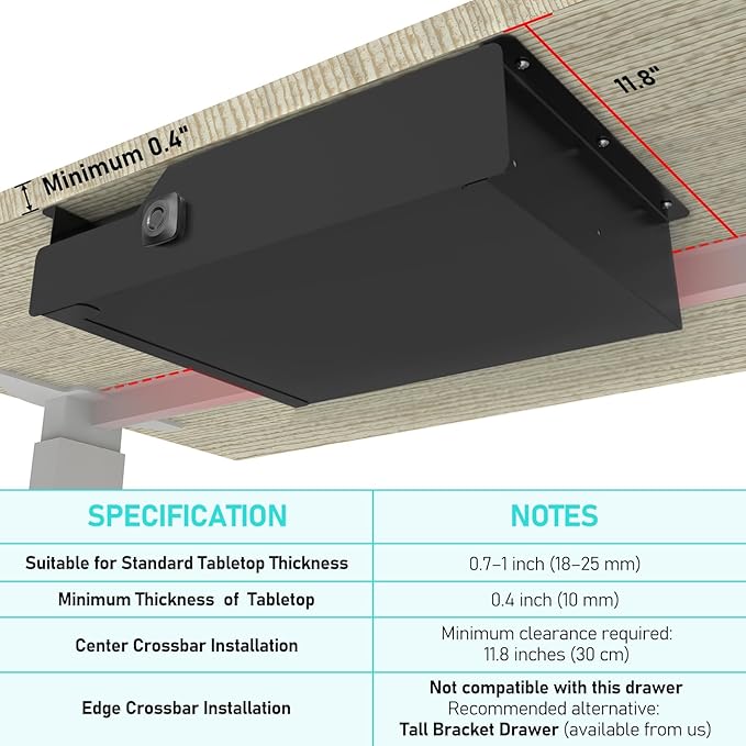 Under Desk Drawer Storage with Lock, 16"x11.8"x3.6", Metal Undermount Table Drawer, Ball Bearing Slides Out Tray Organizer fo