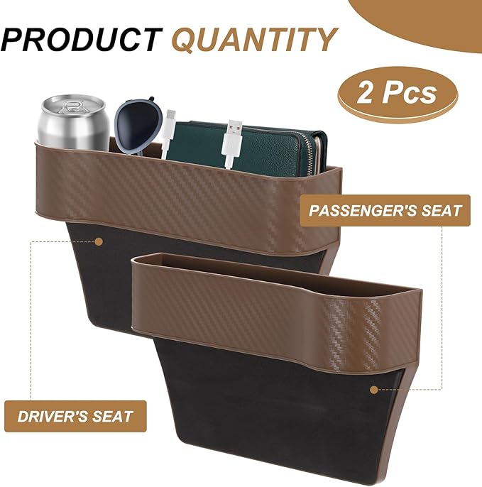 HARFINGTON 2pcs Car Seat Gap Filler Organizer 10.2 x 6.5 x 2.8 Inch PP Universal Car Organizer Storage Box Between Seat and Console (Left+Right) with Cup Holders for Phone Sunglasses, Brown