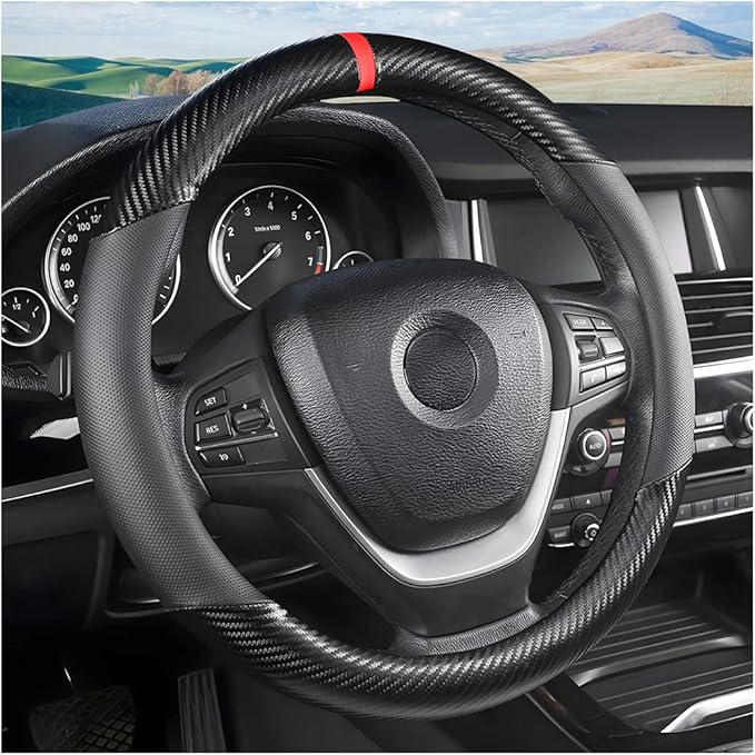 Moly Magnolia Carbon Fiber Steering Wheel Cover, Universal 15 inch Breathable Anti Slip, Black, Leather & Carbon Fiber, Truck