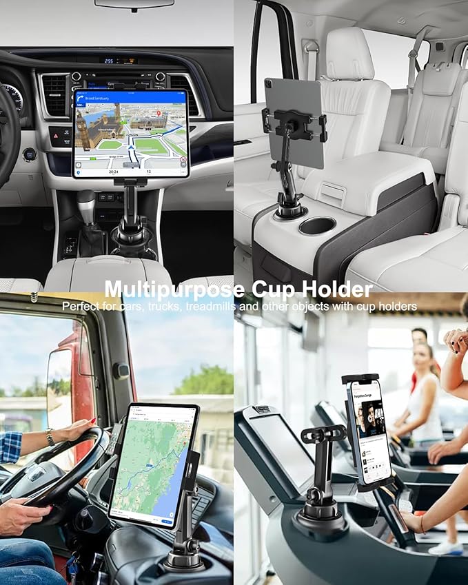 woleyi Cup Holder Car Tablet Mount, iPad Mount Holder for Car/Truck, 360° Rotation Adjustable Universal Tablet Stand Cradle Compatible with iPad Pro Air Mini, Galaxy Tab, Z Fold, iPhone, 4-13" Devices