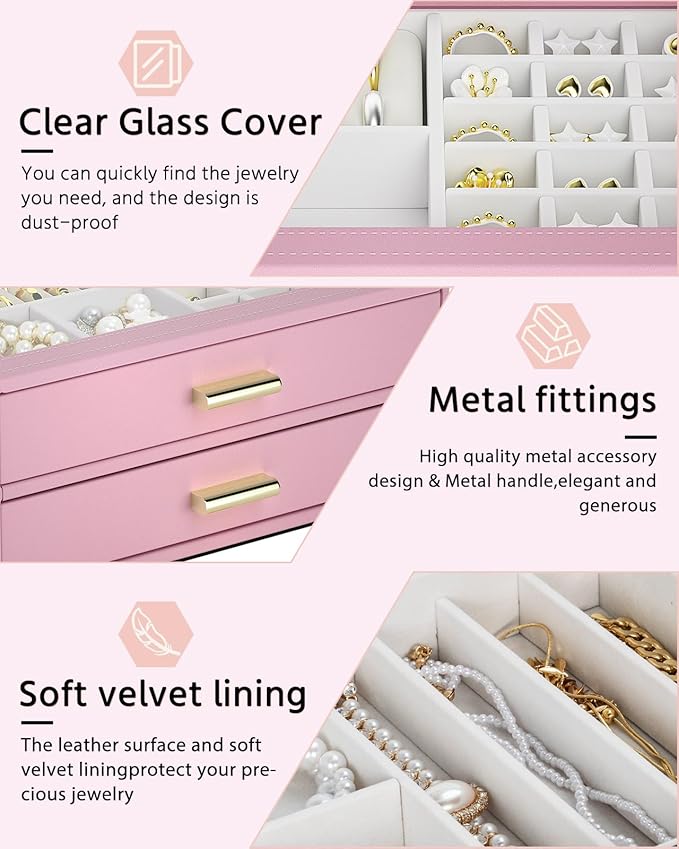 AKOZLIN Jewelry Box with Clear Lid Functional Leather Jewelry Storage Organizer Case 2 Drawers for Women Girls Necklace Ring 