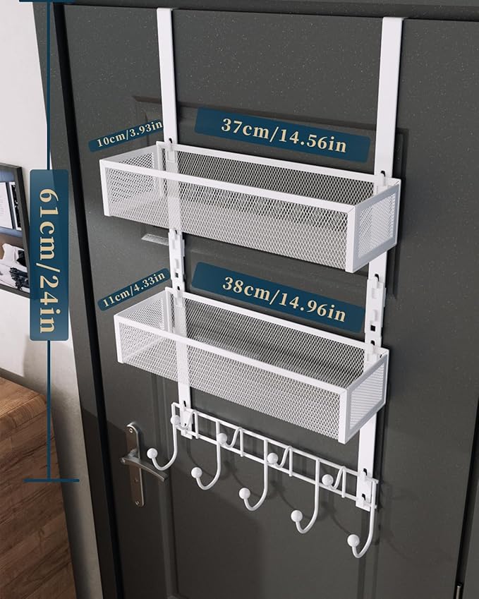 Consumest Over The Door Organizer Hooks, Door Hanger with 9 Coat Hooks & 2 Mesh Basket, Rustproof Back Storage Organizer for 