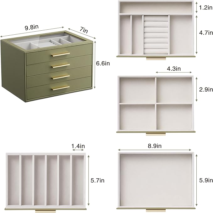 Jewelry Box Organizer Case for Women: 4-Layer Jewelry Storage Case with Glass Window, Olive Green Leather with Cream Velvet, 