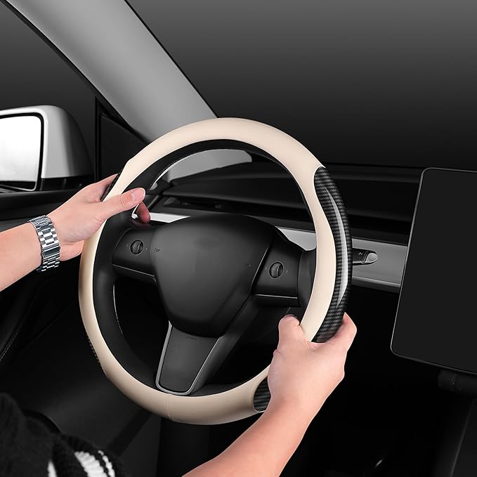 Nappa Leather car Steering Wheel Cover,Carbon Fiber Sports car Interior Non-Slip Ultrathin 15 inches Universal (White)