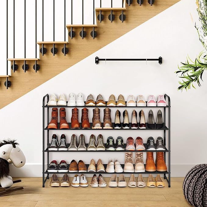 KIMBORA 4 Tier Long Shoe Rack for Closet Floor, Wide Shoe Shelf Storage Organizer 30-Pairs Stackable Sneaker Organizer for Cl