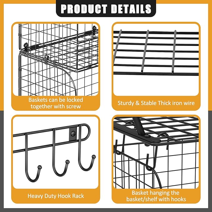 ThreeHio 2 Pack Garage Shelves Wall Mounted with Wire baskets, Heavy Duty Garage Wall Shelving with Hooks, Wire Shelf Baskets