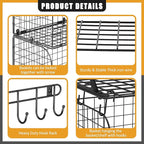 ThreeHio 2 Pack Garage Shelves Wall Mounted with Wire baskets, Heavy Duty Garage Wall Shelving with Hooks, Wire Shelf Baskets