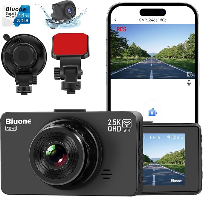 Dash Cam Front and Rear Dash Camera WiFi/APP Control Car Camera with 64G Card 2.5K Front Dash Cam+1080P Rear Dashcams with Su