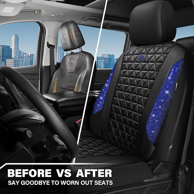 CAR PASS Bling Diamond Black Leather Car Seat Covers for 2 Front Interior Sets, Waterproof Shining Glitter Sparkly Crystal Un