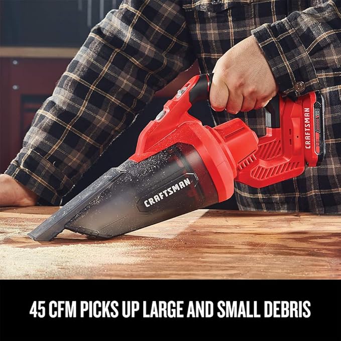 CRAFTSMAN V20 Cordless Hand Vacuum, 45 CFM, 2 Stage Filtration System with Filter, Battery and Charger Included (CMCVH001C1)