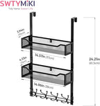 SWTYMIKI Over The Door Hooks Organizer - Multi-Functional Door Hanger with 16 Hooks & 2 Mesh Baskets, Long Coat Rack for Bath