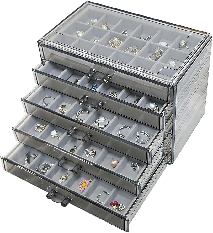 Acrylic Earring Holder Organizer with 5 Drawers Clear Earring Organizer Box with 90 Adjustable Grids Velvet Earring Display C