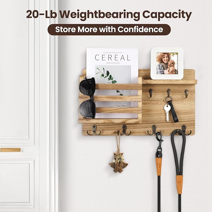 Nekon Mail Holder for Wall Mail Organizer with Key Hooks Hallway Farmhouse Decor Storage Racks with Floating Shelf and Flush 