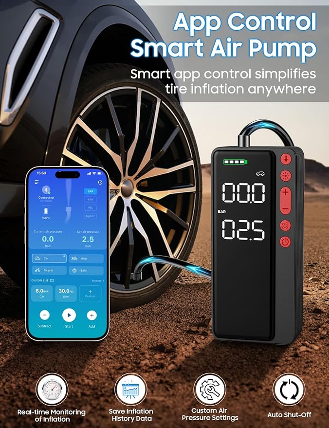 Smart Tire Inflator Portable Air Compressor, APP Control Air Pump For Car Tires, 10000mAh, 4X Faster 150PSI Bike Pump with All-in-One Storage, LED Light & Auto Shut-Off for Motorcycles