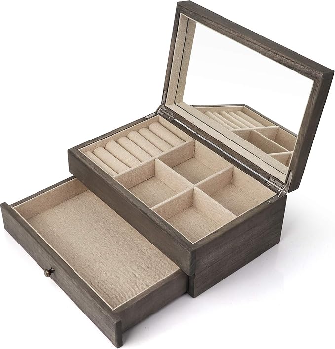 Meangood Jewelry Box Organizer for Women, 2 Layer Large Jewelry Storage Case, Rustic Wooden Jewelry Box with Mirror & Ring Tr