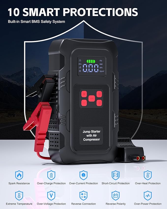 5000A Jump Starter with Air Compressor, Portable Car Battery Jump Starter with 150 PSI Tire Inflator for Up to 10.0L Gas