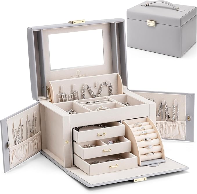 Vlando Jewelry Box Organizer for Girls Women, Large Baroque Jewelry Holder Organizer with Mirror, 3 Drawers for Bracelets, Ea