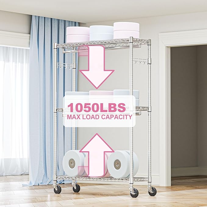 M MZG Heavy Duty Rolling Garment Rack 3 Tiers Adjustable Wire Shelving Clothes Rack with 2 Rods and Side Hooks,Storage Closet