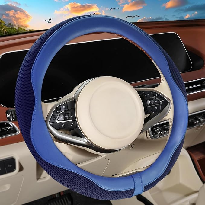 ZHOL Blue Steering Wheel Cover,Nappa Faux Leather with Comfort Grip,Non-Slip Breathable Universal Car Accessory for 15 Inch S