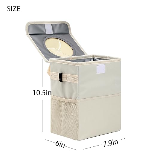Car Garbage can with lid Leak Proof Vehicle Trash Can 3 Storage Pockets Hanging Waterproof car Trash Bag for SUV Beige
