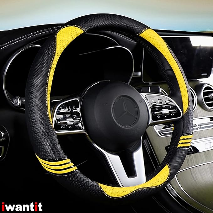 Iwantit® Steering Wheel Covers with Leather and Anti-Slip Rubber Ring, Universal Fit 14.5-15 inches for Cars,SUV (Yellow/Blac