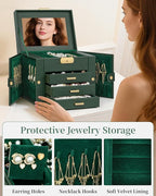 TORIBIO Jewelry Box for Women, Leather Jewelry Organizer with Mirror & Lock, 4-Tier Jewelry Storage Organizer with 3 Drawers 