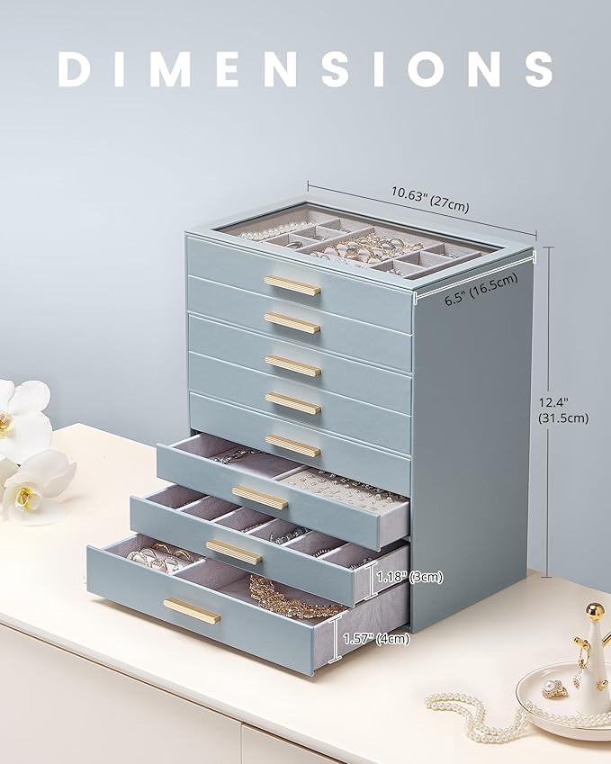 Lolalet Jewelry Box Organizer, 8-Layer Jewelry Organizers and Storage Case with Glass Lid, Ring Earring Bracelet Necklace Hol