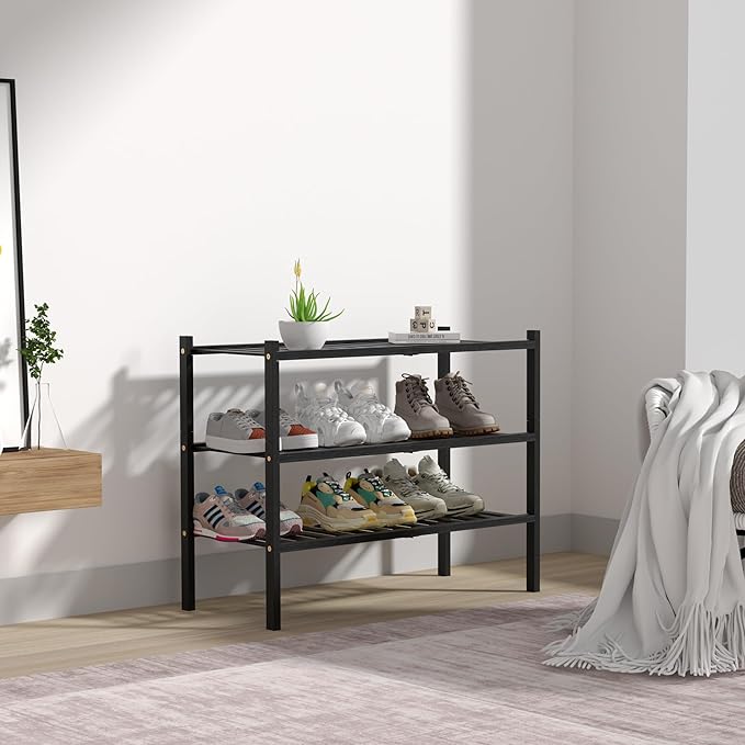 ROMGUAR CRAFT 3 Tier Bamboo Shoe Rack for Closet Free Standing Wood Shoe Shelf Storage Organizer for Entryway Small Space Sta