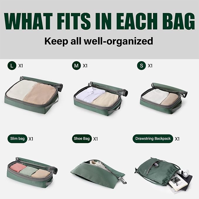 6 Set Compression Packing Cubes for Travel, Bonus Versatile Drawstring Backpack, Lightweight Luggage Organizer Bags, Sturdy T
