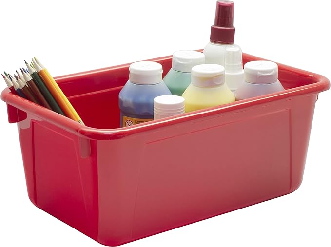 Storex Small Cubby Bins – Plastic Storage Containers for Classroom with Non-Snap Lid, 12.2 x 7.8 x 5.1 inches, Red, (62407U05