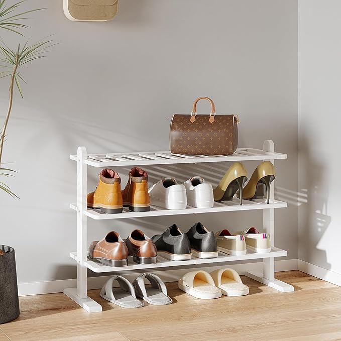 Varhomax White Shoe Rack, Bamboo Shoe Rack Organizer for Closet and Entryway, Thick Wooden Free Standing Shoe Shelf for Small