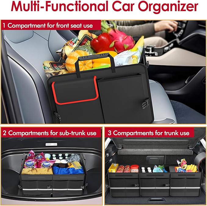 MEI&CO Car Trunk Organizer - 2.5mm PP Board Built, 35L Leakproof Cooler, 105L Capacity, 2 Tie-Down Straps, 4 Adjustable Divide