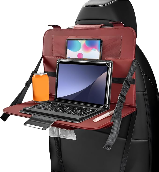 Car Steering Wheel Tray, Foldable Car Laptop Desk Eating Food Tray with Transparent Holder & Tissue Box, Adjustable Back Seat Headrest Table for in-Car Dining Working Studying (Red)
