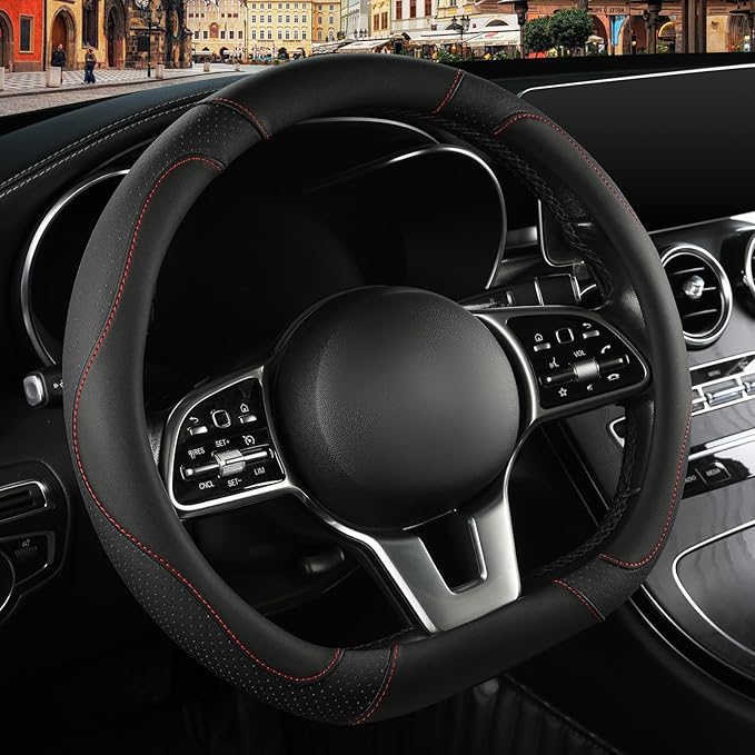 Microfiber Leather D Shaped Steering Wheel Cover, Breathable, Anti Slip, Universal 15 inch, Black