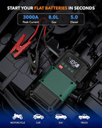 Portable Car Jump Starter with Air Compressor - 3000A/150PSI, 12V Portable Jump Box for 5.0L Diesel & 8.0L Gas, Compact Battery Jump Pack, Extended Smart Jumper Cables, USB Outputs, and Lights